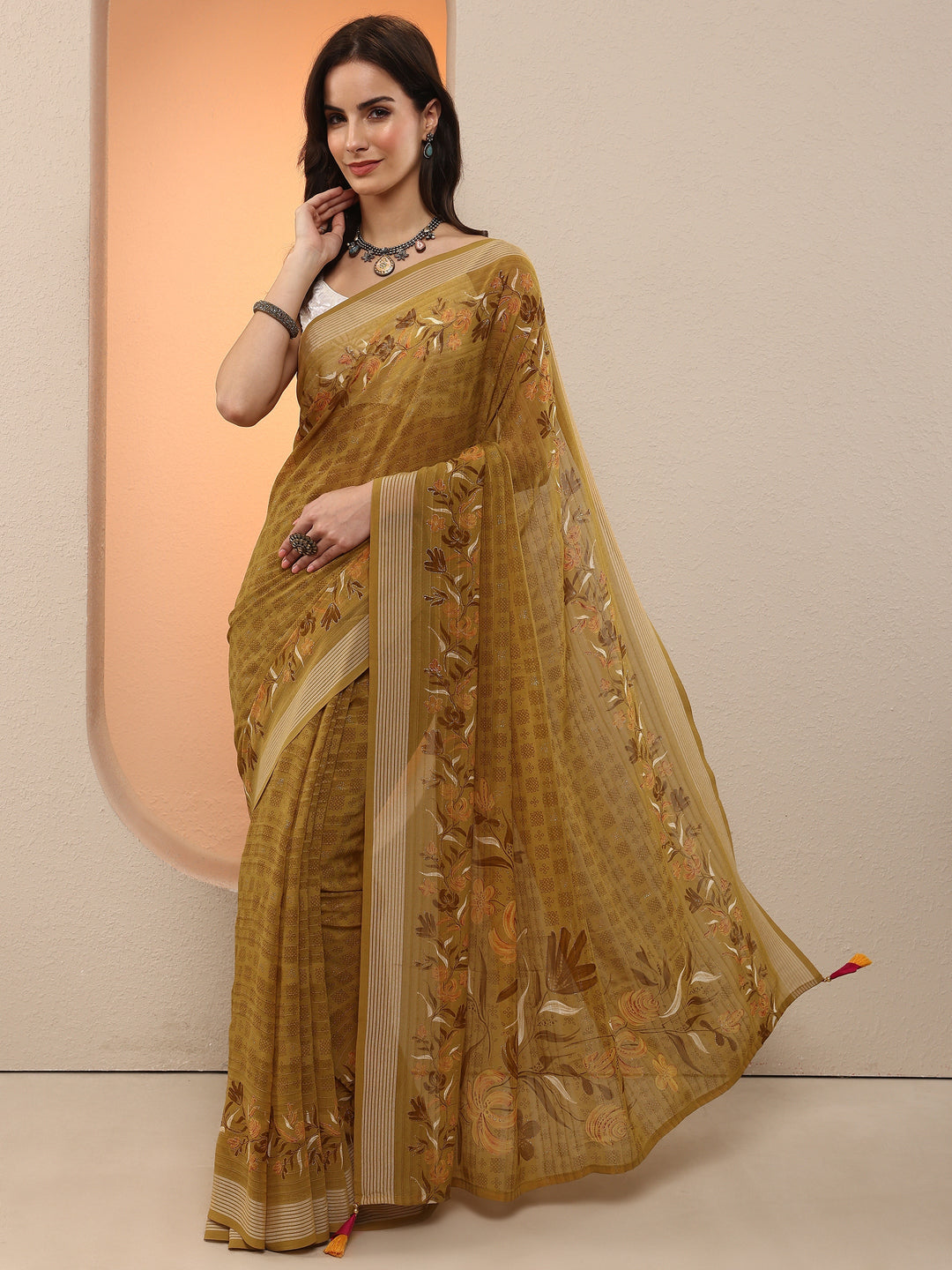 Mustard Printed Georgette Saree With Unstitched Blouse Piece