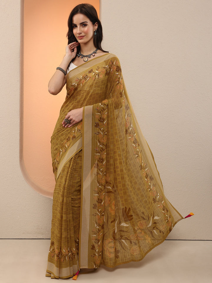 Mustard Printed Georgette Saree With Unstitched Blouse Piece