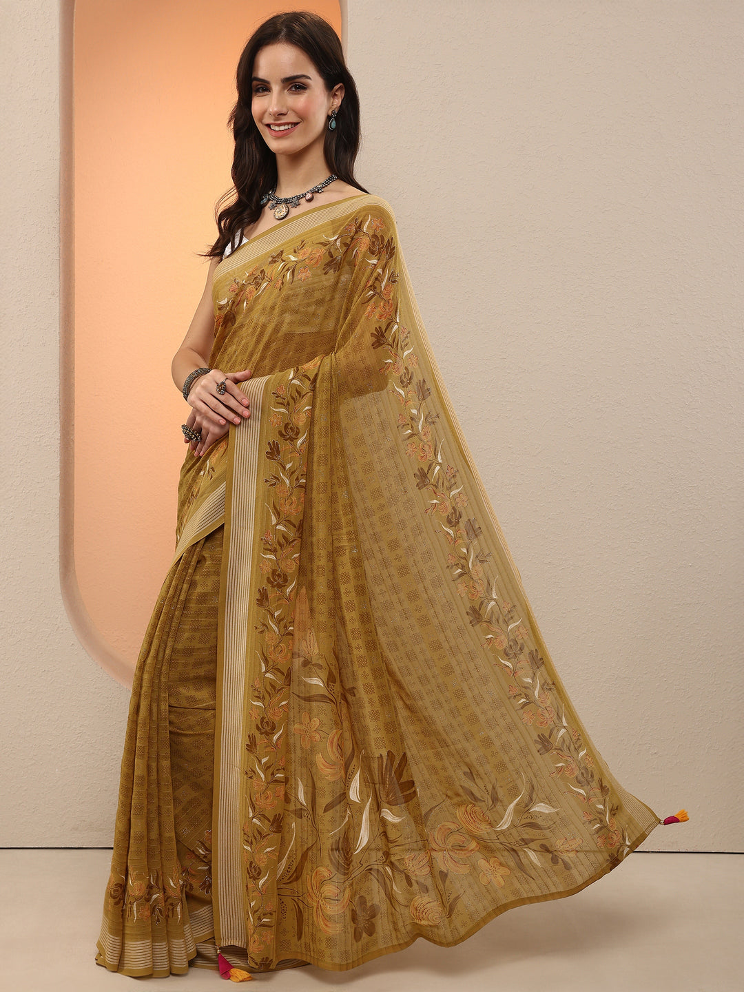 Mustard Printed Georgette Saree With Unstitched Blouse Piece