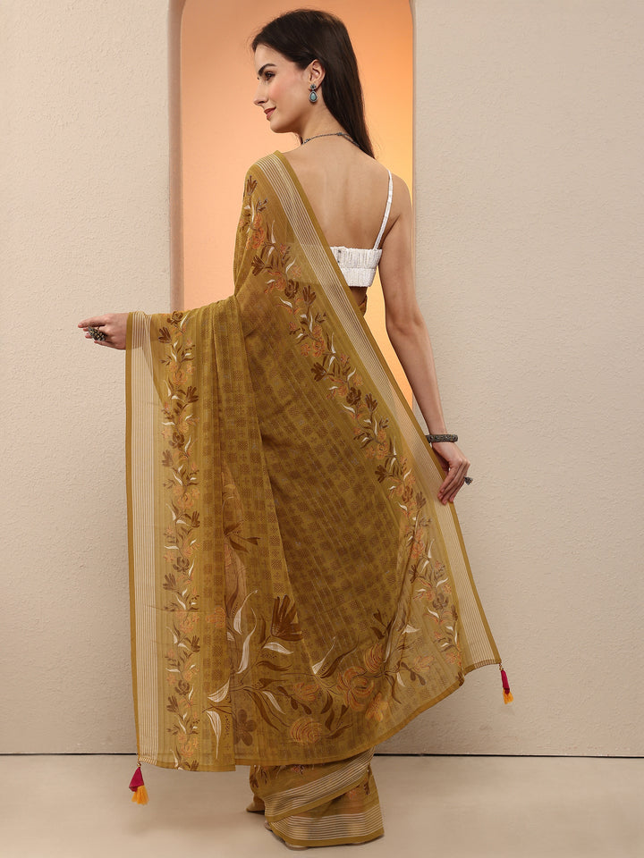 Mustard Printed Georgette Saree With Unstitched Blouse Piece