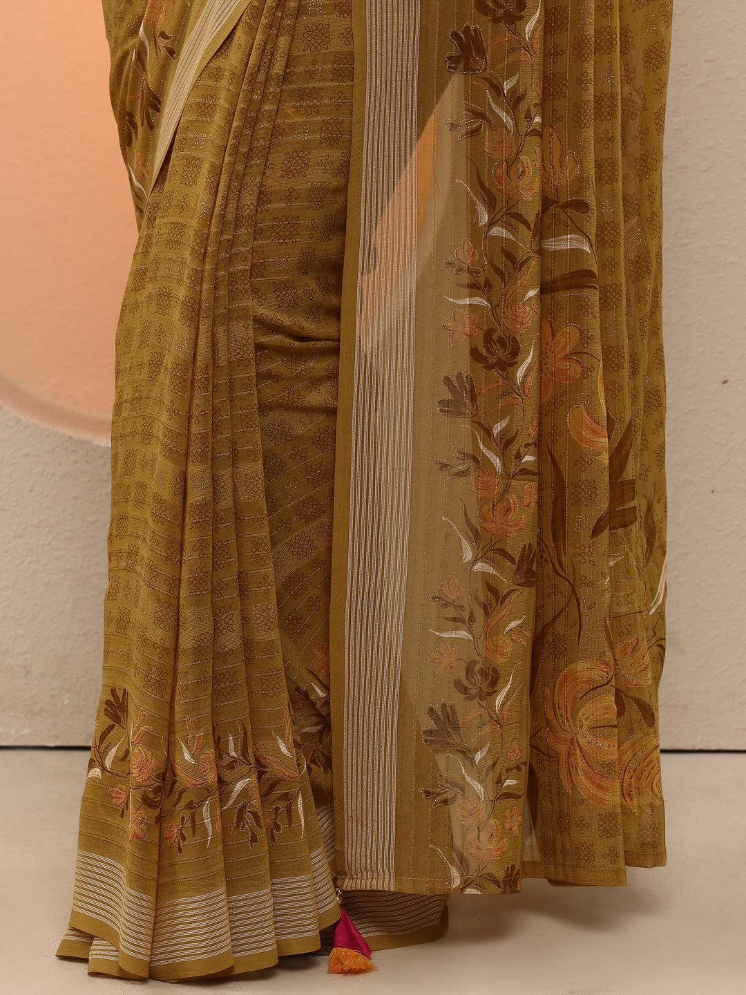 Mustard Printed Georgette Saree With Unstitched Blouse Piece