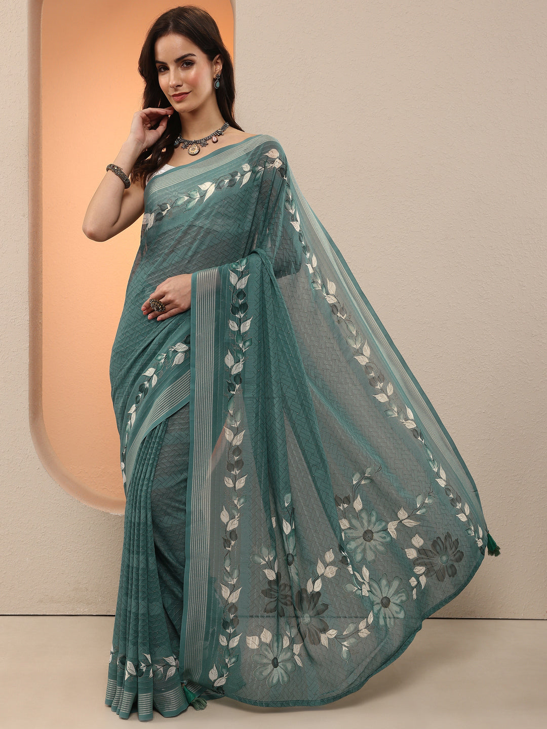 Blue Printed Georgette Saree With Unstitched Blouse Piece