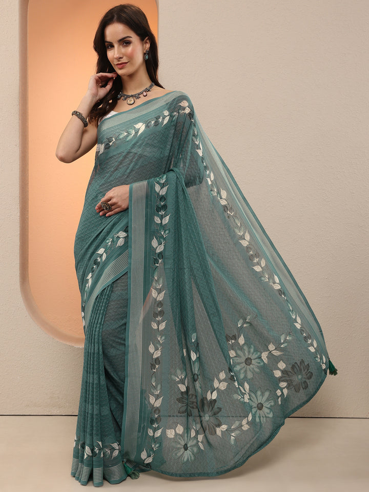 Blue Printed Georgette Saree With Unstitched Blouse Piece