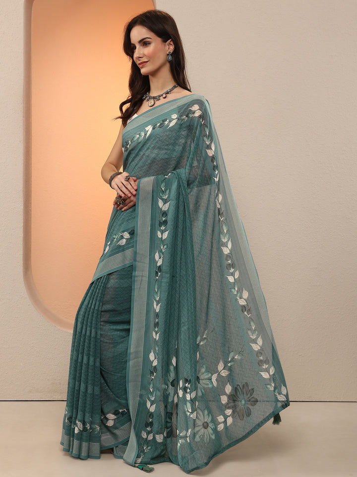 Blue Printed Georgette Saree With Unstitched Blouse Piece