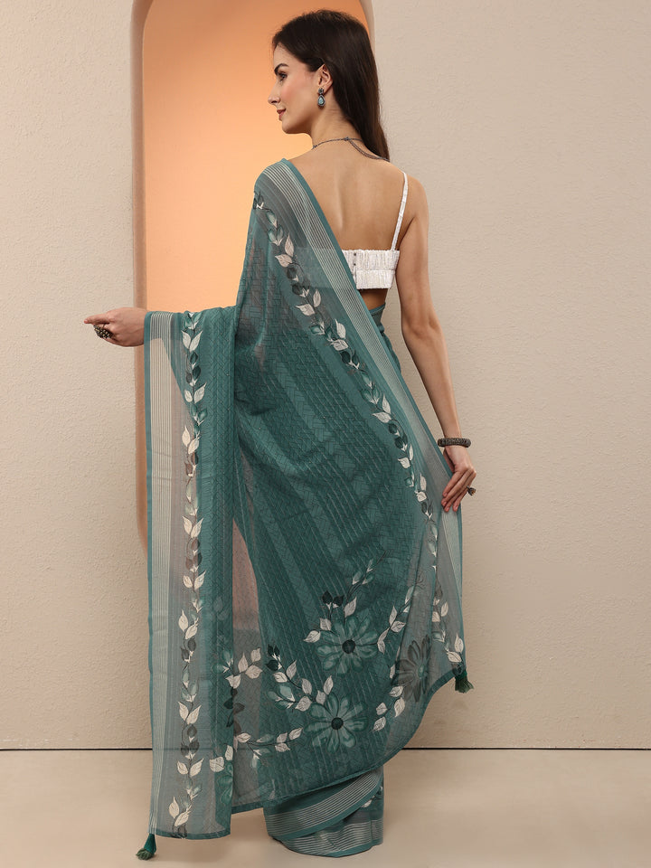 Blue Printed Georgette Saree With Unstitched Blouse Piece