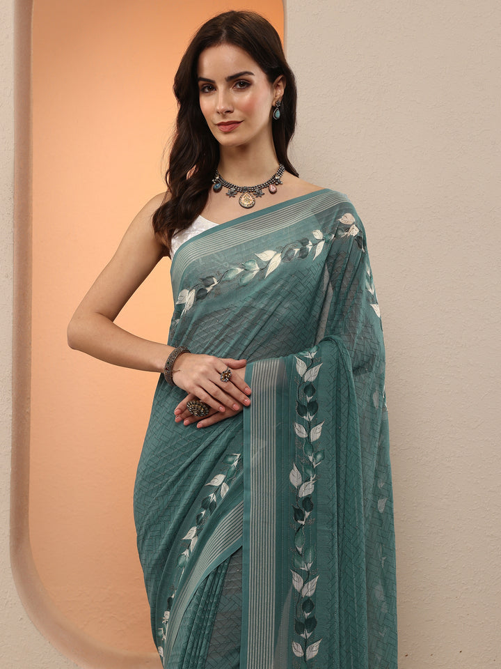 Blue Printed Georgette Saree With Unstitched Blouse Piece