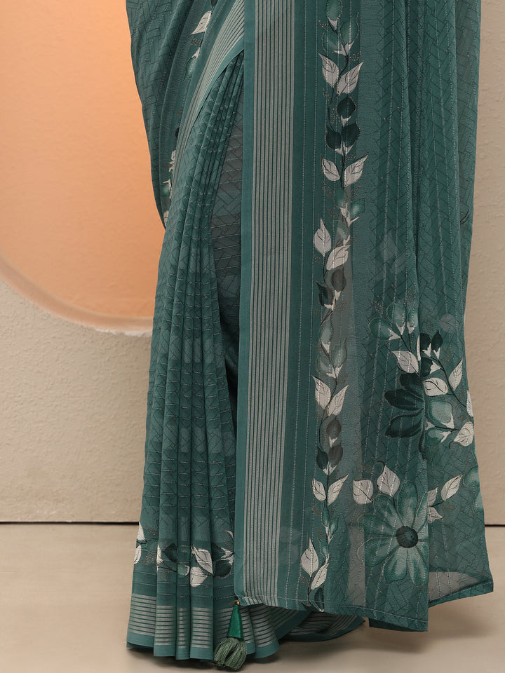 Blue Printed Georgette Saree With Unstitched Blouse Piece