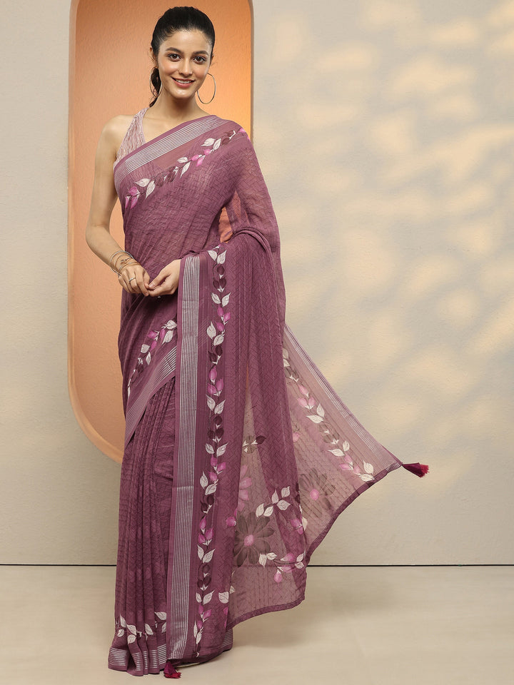 Mauve Striped Printed Georgette Saree With Unstitched Blouse Piece