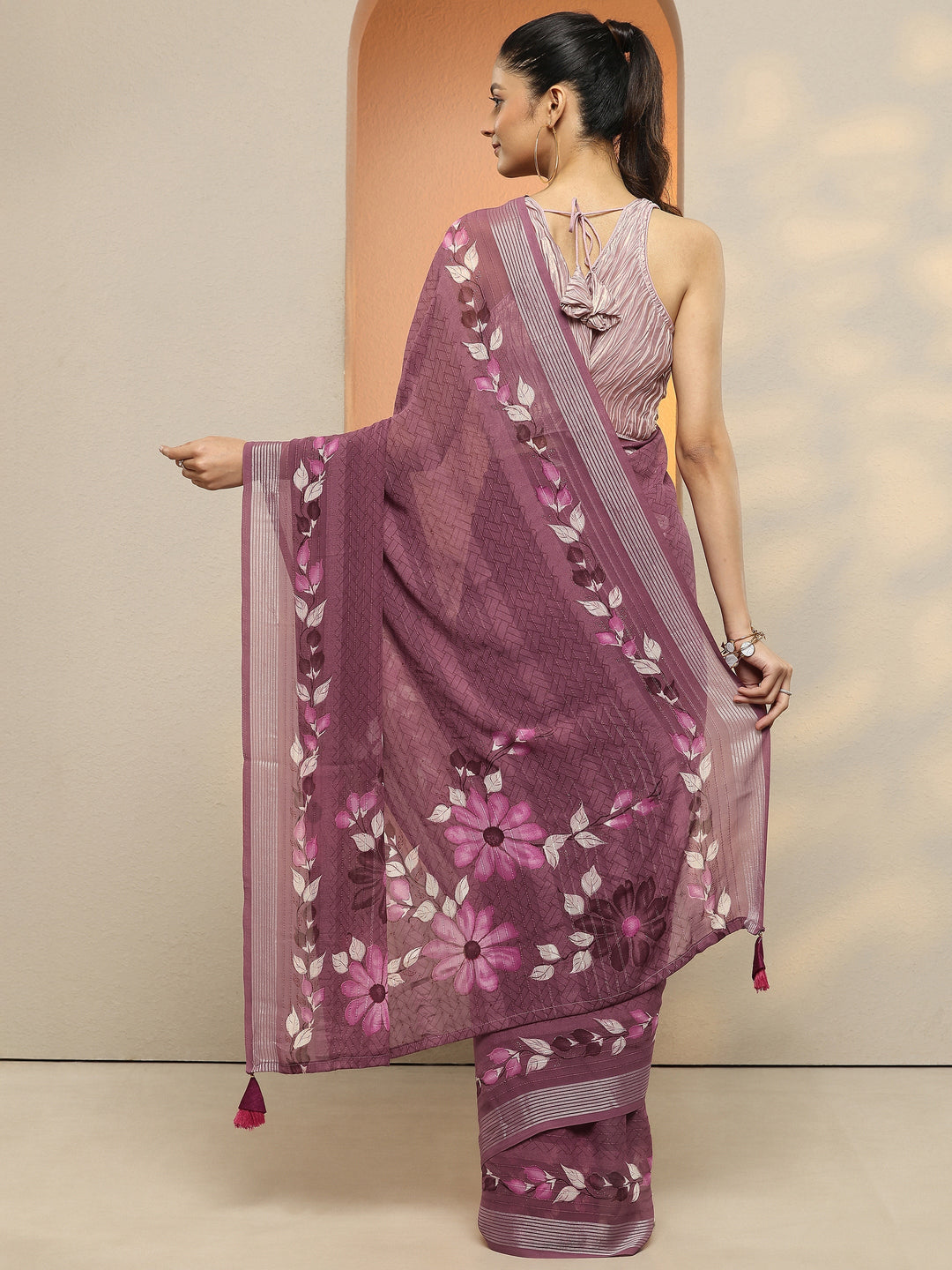 Mauve Striped Printed Georgette Saree With Unstitched Blouse Piece