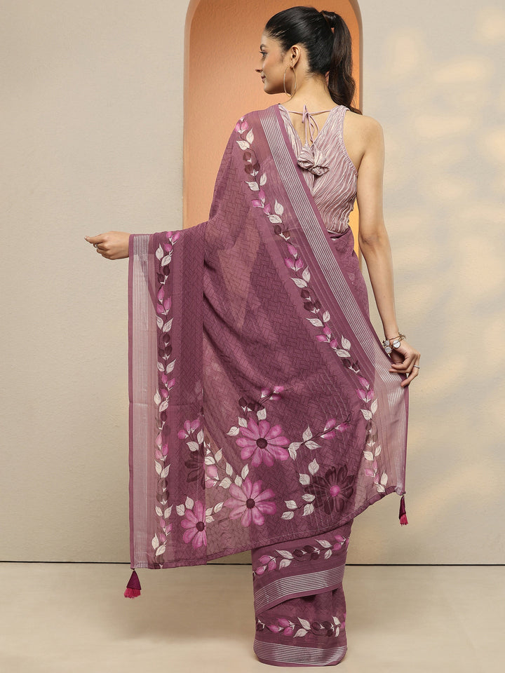 Mauve Striped Printed Georgette Saree With Unstitched Blouse Piece