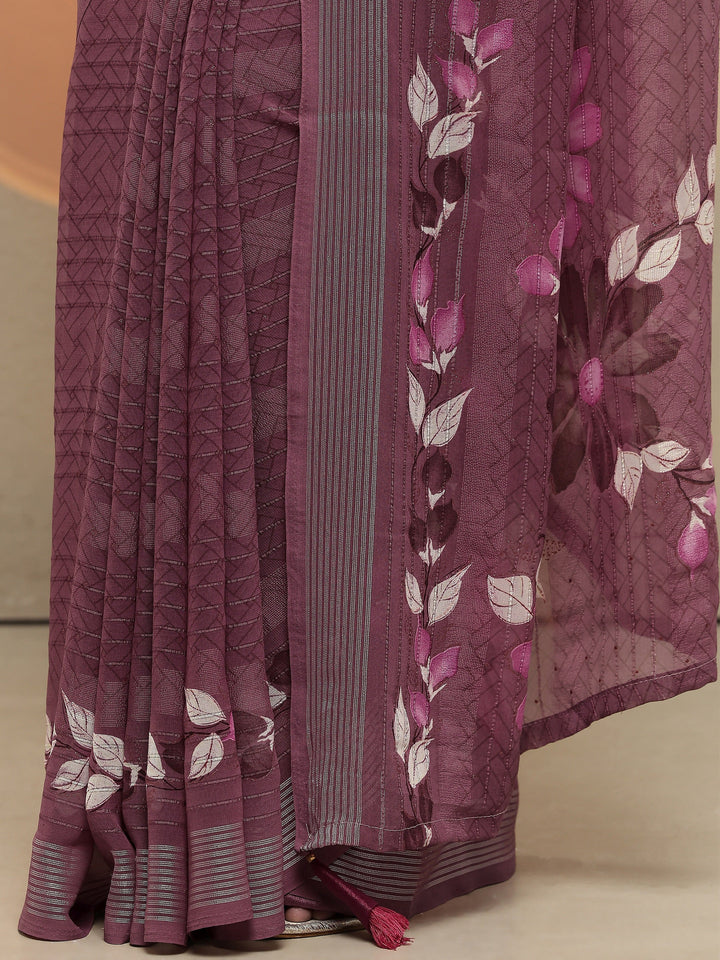 Mauve Striped Printed Georgette Saree With Unstitched Blouse Piece