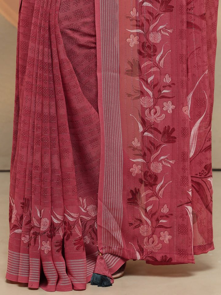 Pink Printed Georgette Saree With Unstitched Blouse Piece