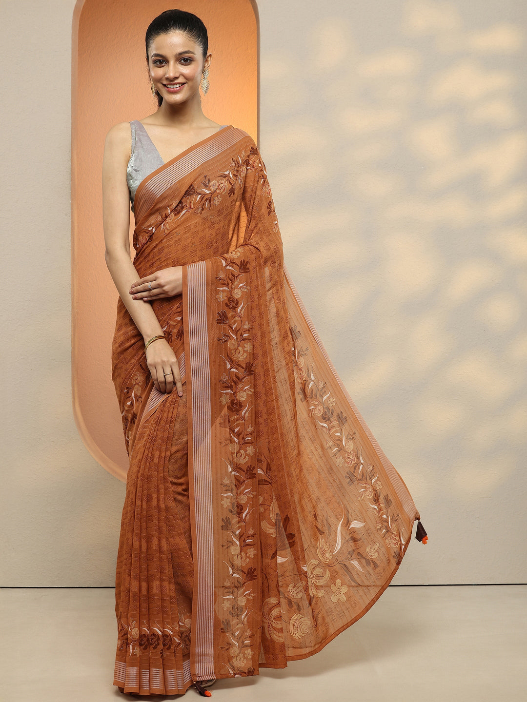 Brown Printed Georgette Saree With Unstitched Blouse Piece