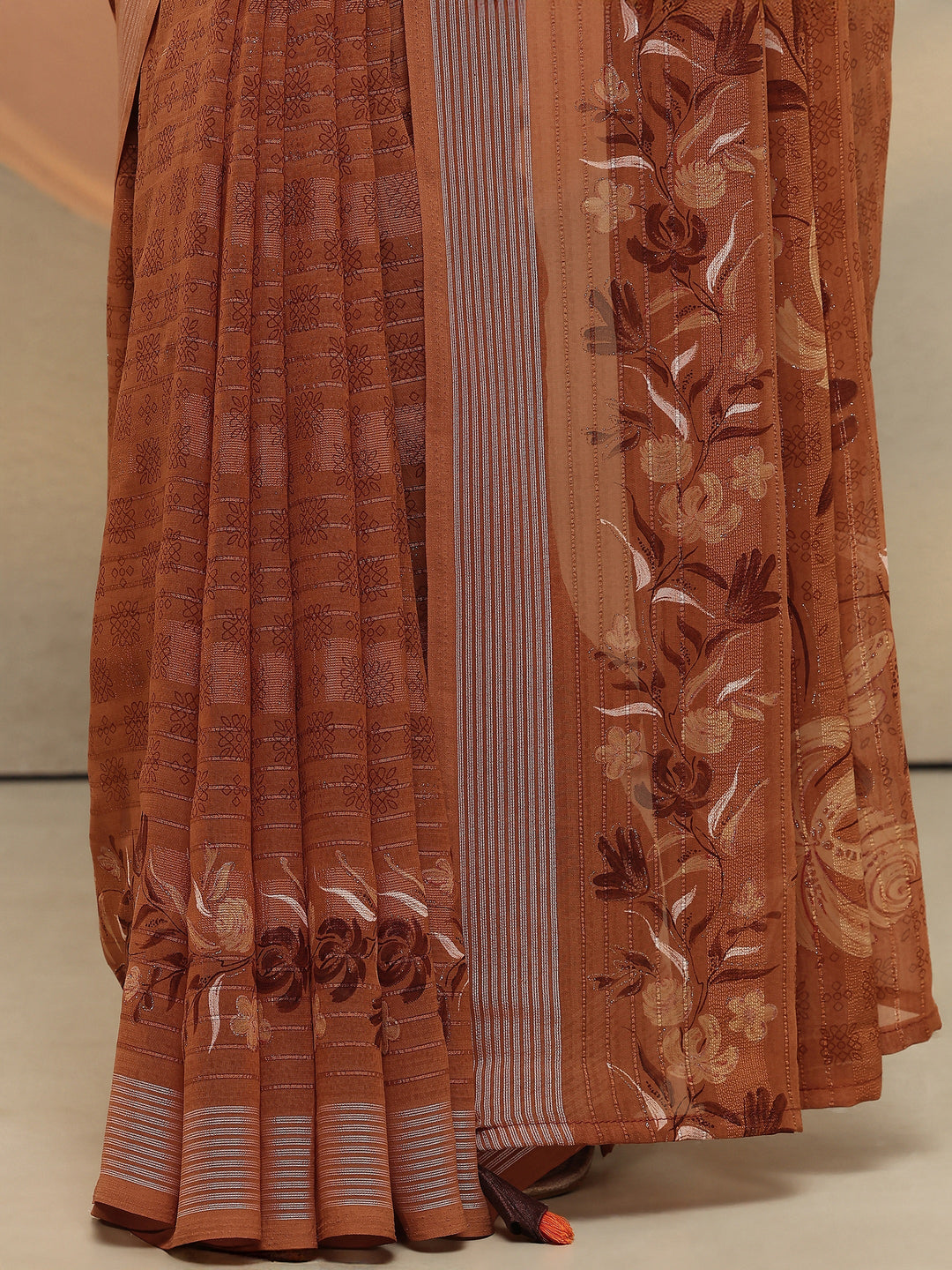 Brown Printed Georgette Saree With Unstitched Blouse Piece