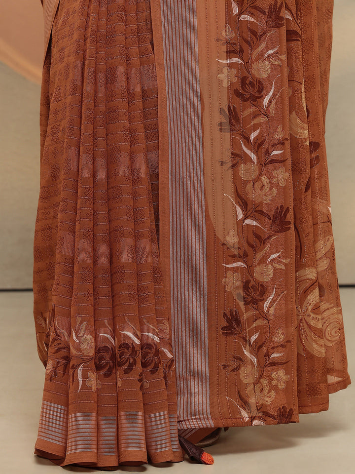 Brown Printed Georgette Saree With Unstitched Blouse Piece