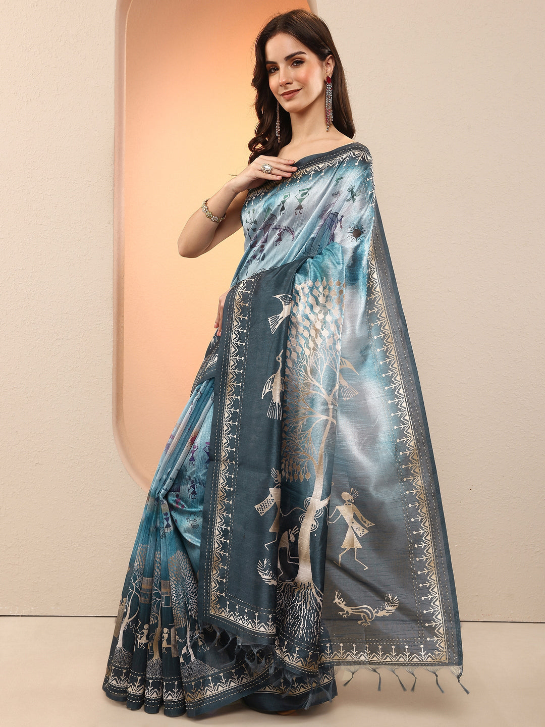Blue Tribal Printed Sarees With Unstitched Blouse Piece