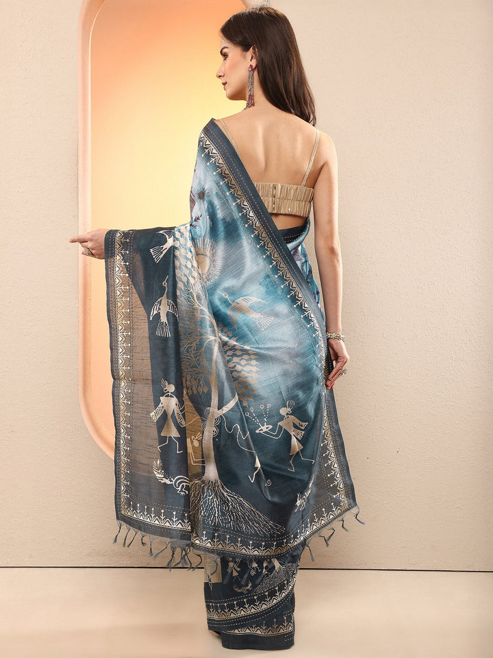 Blue Tribal Printed Sarees With Unstitched Blouse Piece