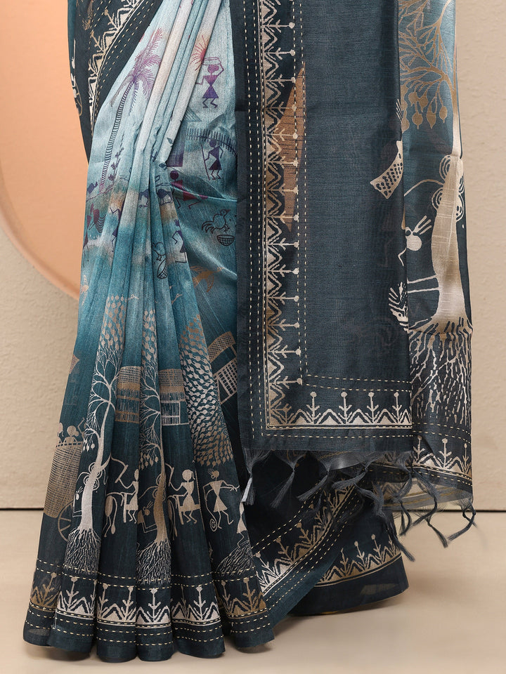 Blue Tribal Printed Sarees With Unstitched Blouse Piece