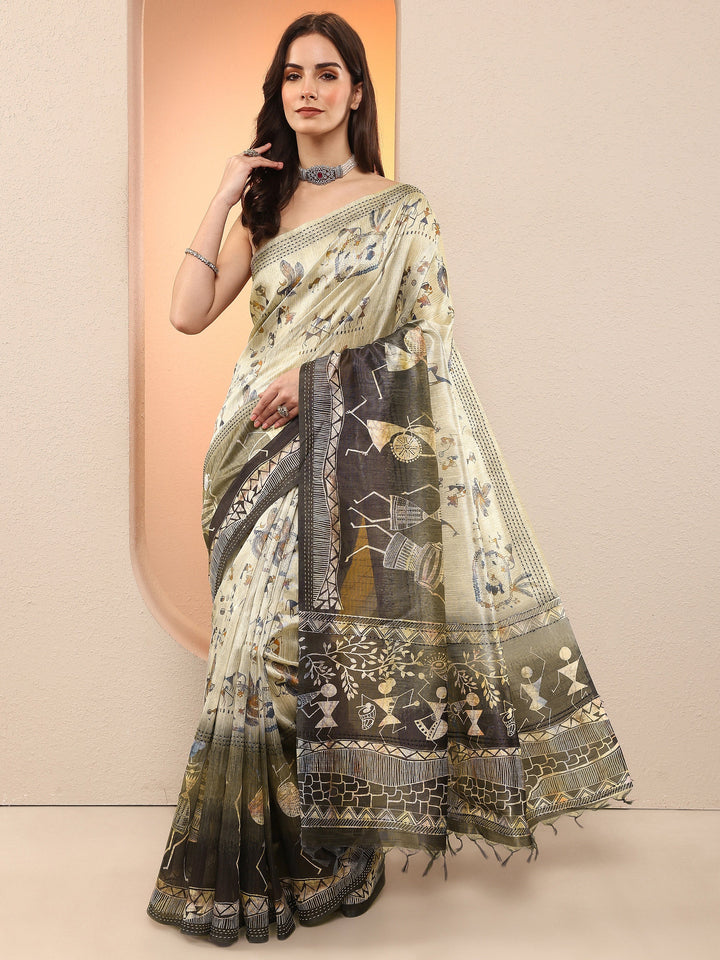 Green Tribal Printed Sarees With Unstitched Blouse Piece