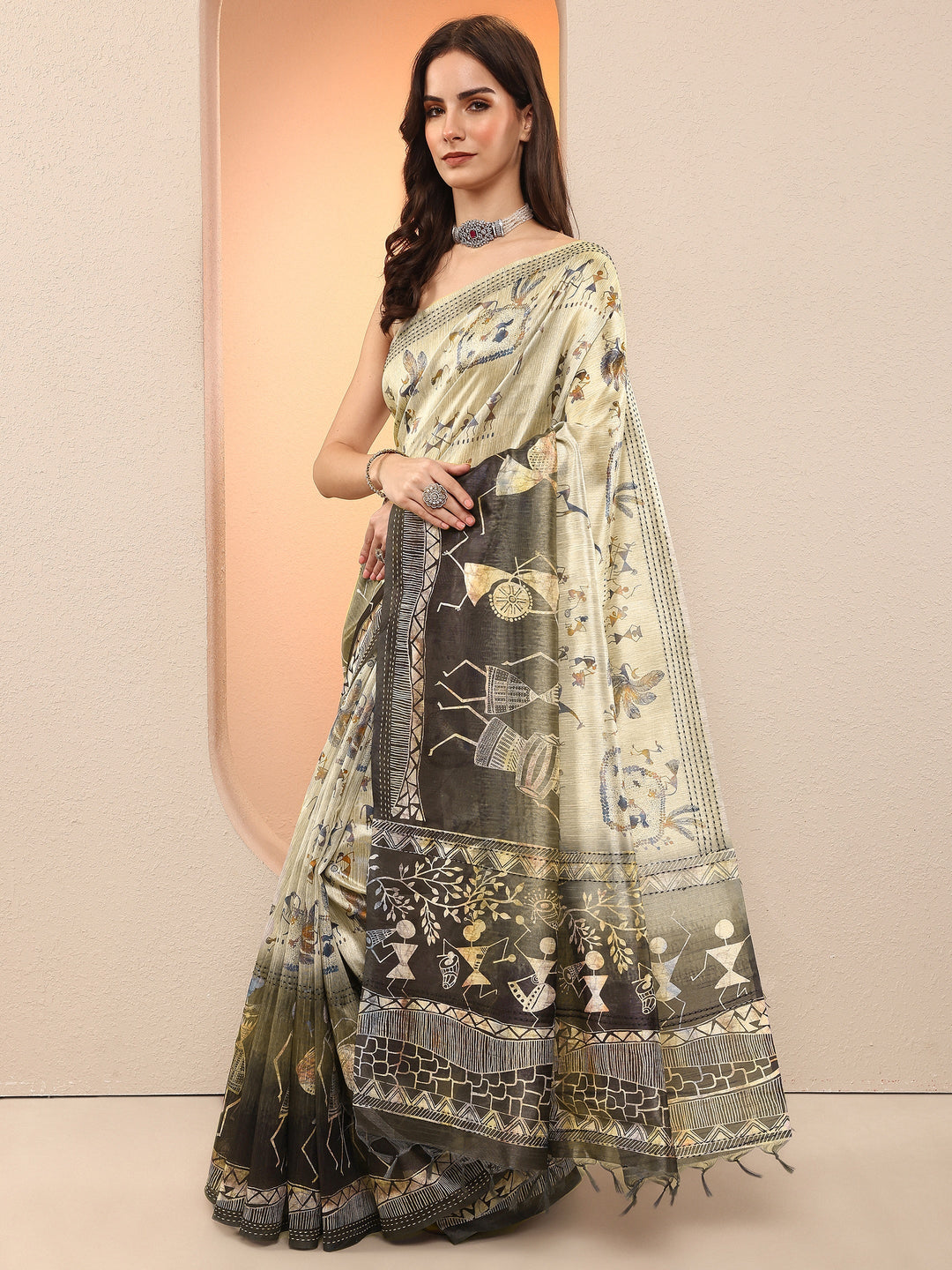 Green Tribal Printed Sarees With Unstitched Blouse Piece