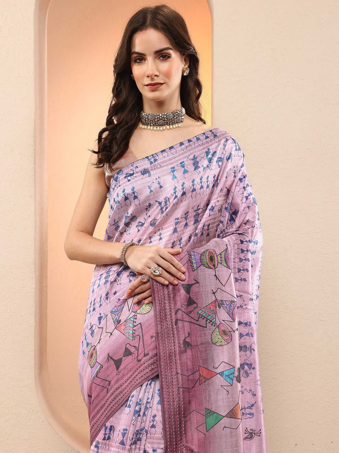 Purple Tribal Printed Sarees With Unstitched Blouse Piece