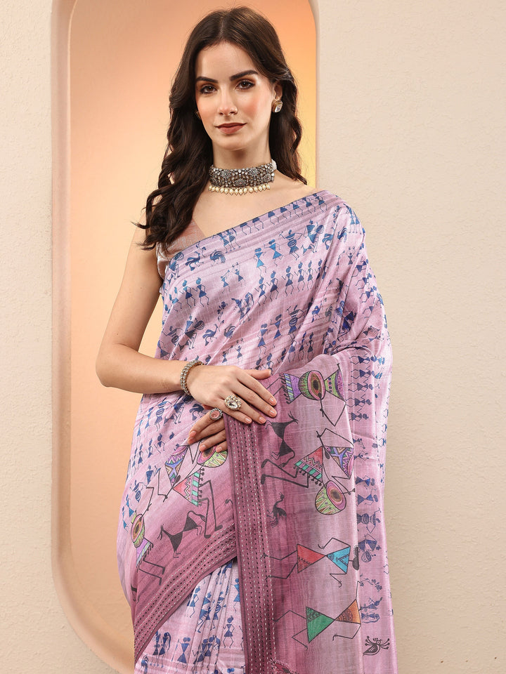 Purple Tribal Printed Sarees With Unstitched Blouse Piece