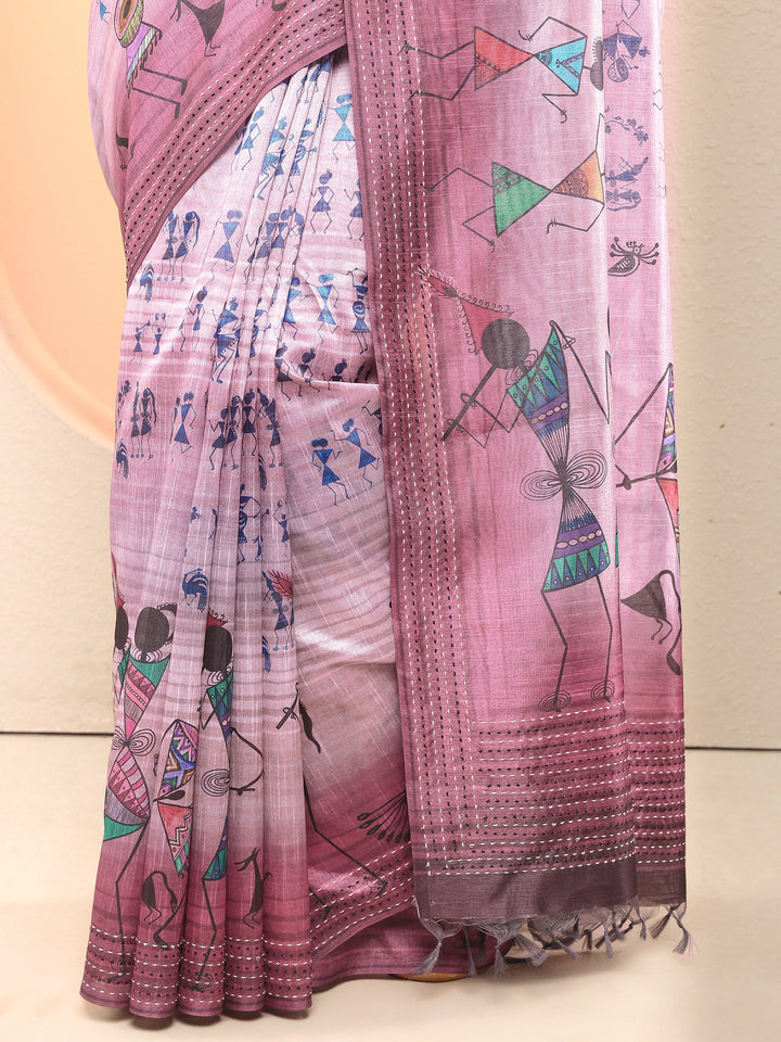 Purple Tribal Printed Sarees With Unstitched Blouse Piece