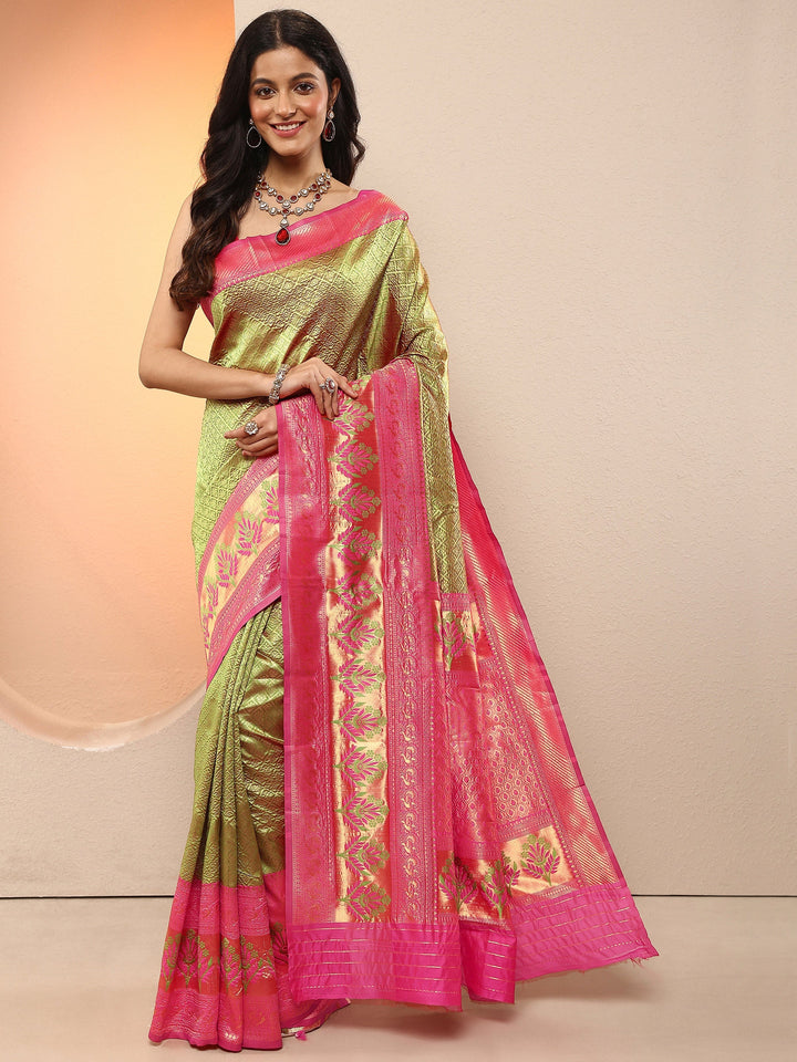 Green Woven Design Silk Blend Sarees With Unstitched Blouse Piece
