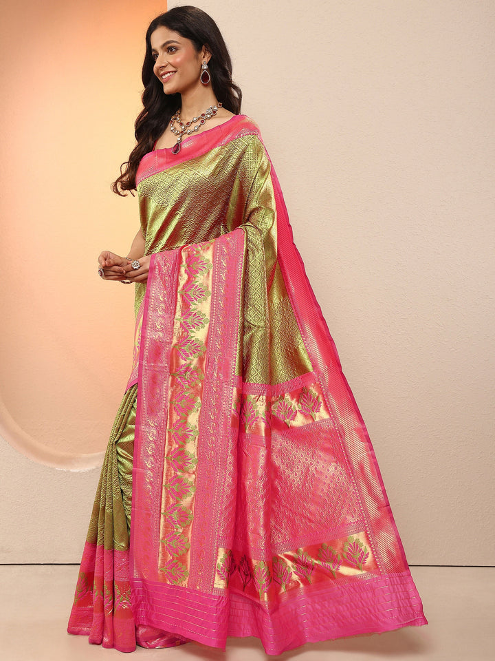 Green Woven Design Silk Blend Sarees With Unstitched Blouse Piece