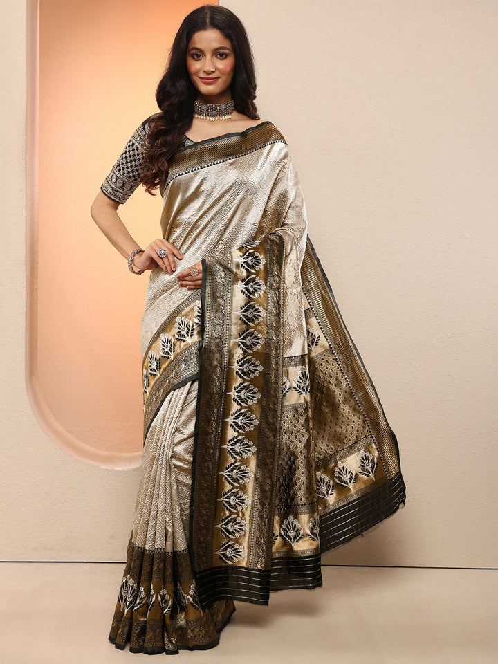 Grey Woven Design Silk Blend Sarees With Unstitched Blouse Piece