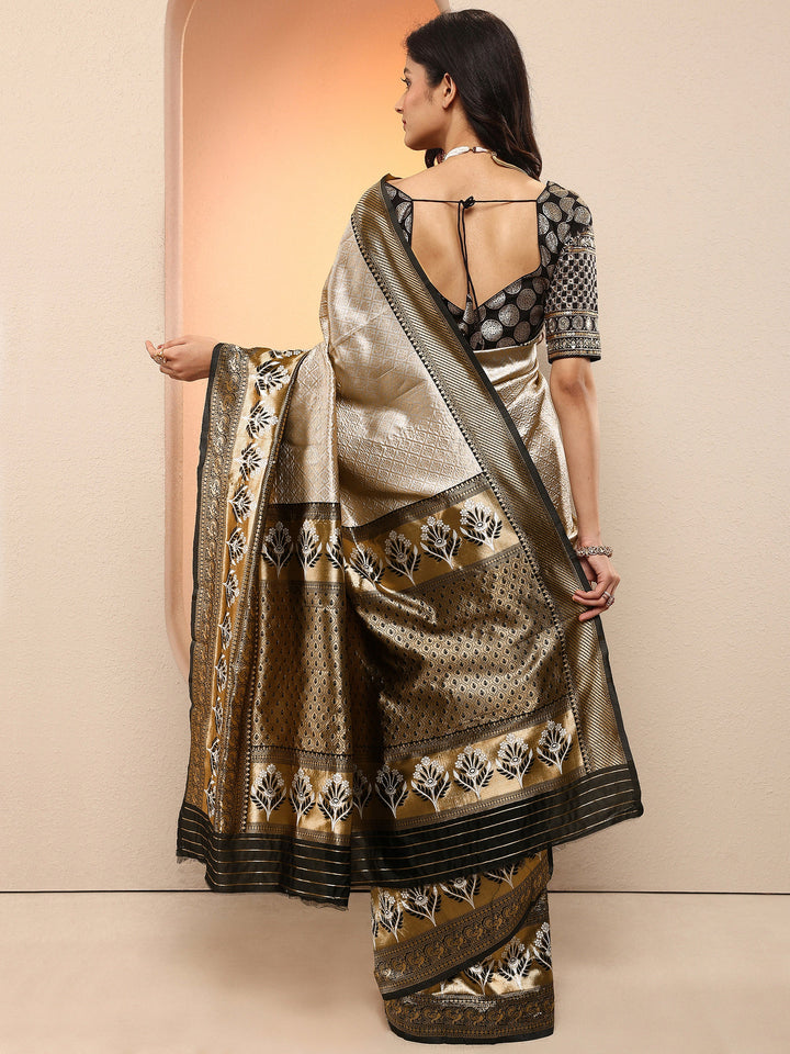 Grey Woven Design Silk Blend Sarees With Unstitched Blouse Piece