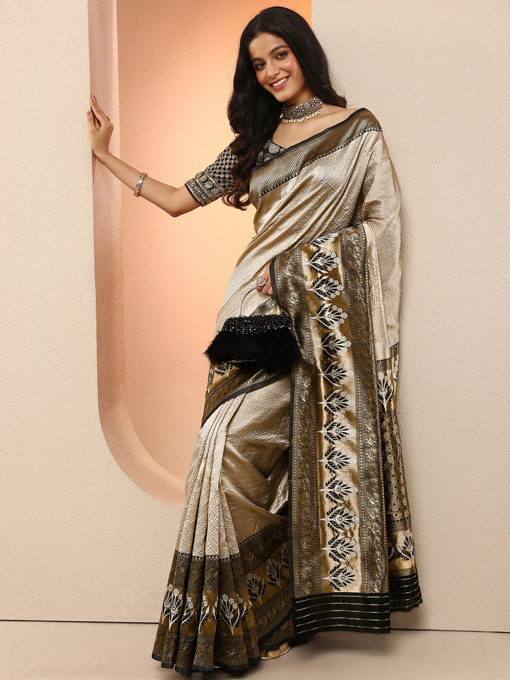 Grey Woven Design Silk Blend Sarees With Unstitched Blouse Piece