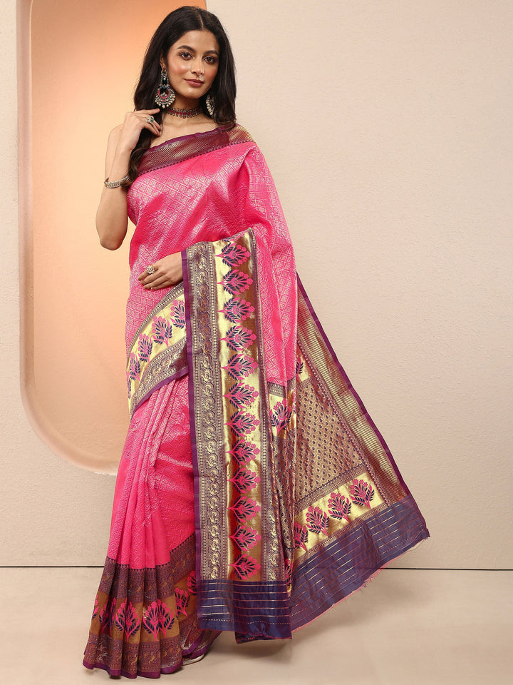 Pink Woven Design Silk Blend Sarees With Unstitched Blouse Piece