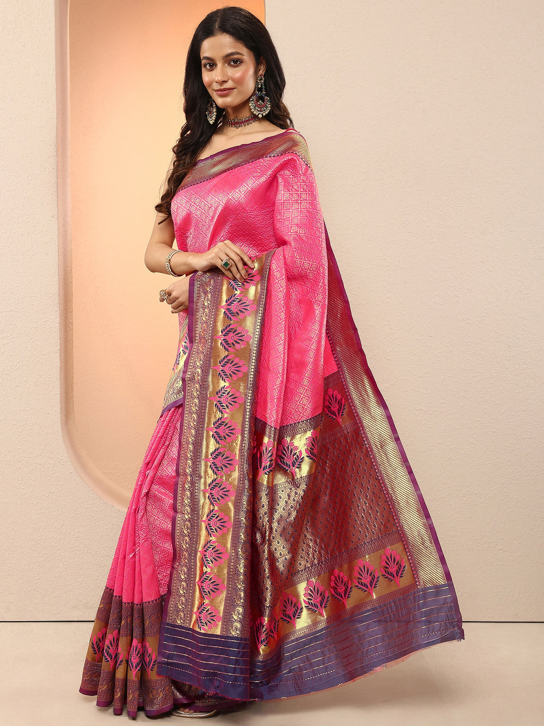 Pink Woven Design Silk Blend Sarees With Unstitched Blouse Piece