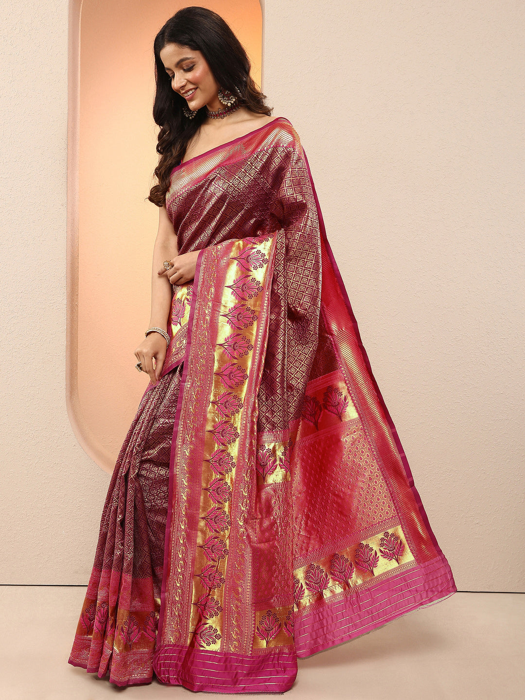 Burgundy Woven Design Silk Blend Sarees With Unstitched Blouse Piece