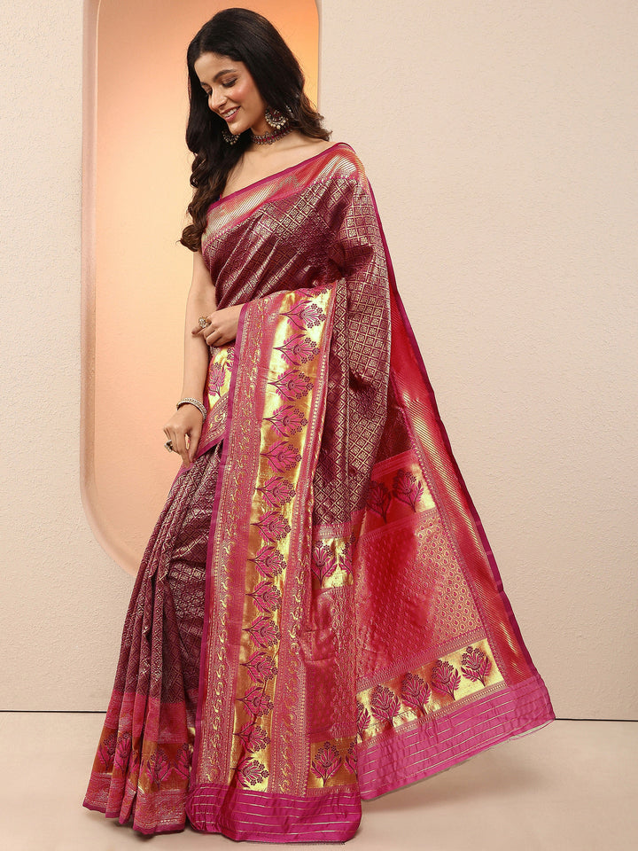 Burgundy Woven Design Silk Blend Sarees With Unstitched Blouse Piece