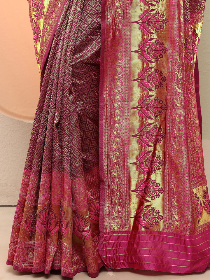 Burgundy Woven Design Silk Blend Sarees With Unstitched Blouse Piece