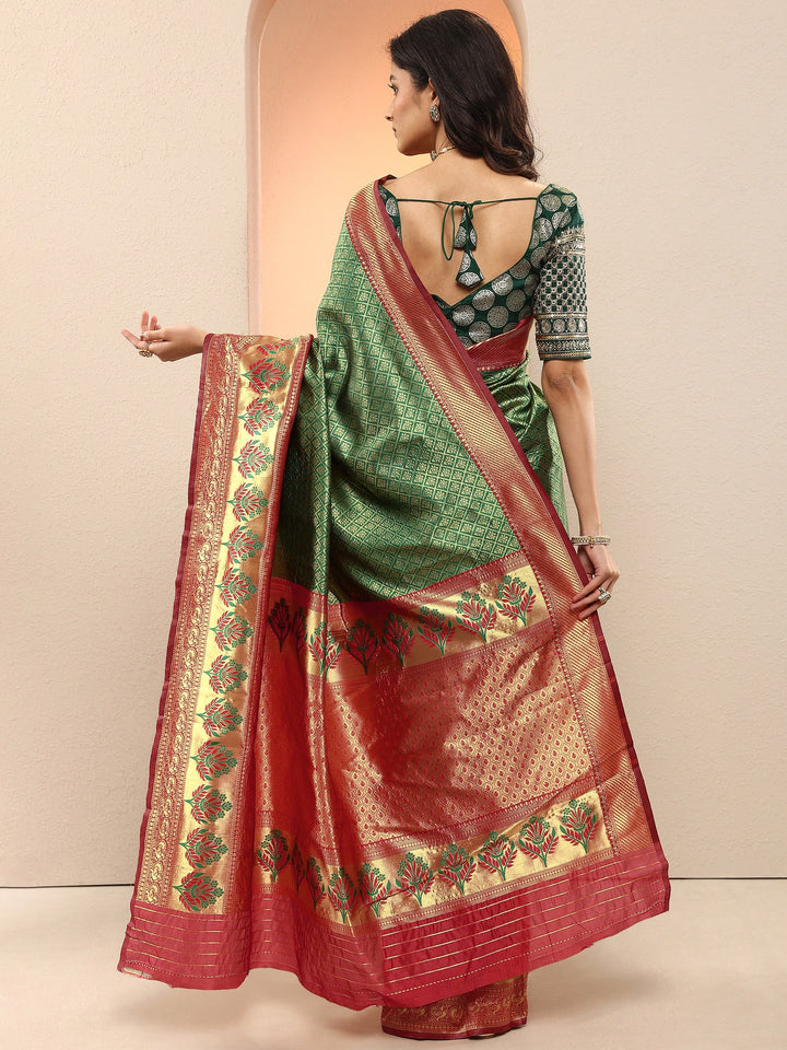 Green Woven Design Silk Blend Sarees With Unstitched Blouse Piece