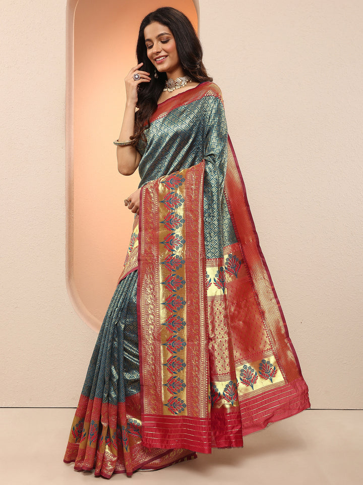 Blue Woven Design Silk Blend Sarees With Unstitched Blouse Piece