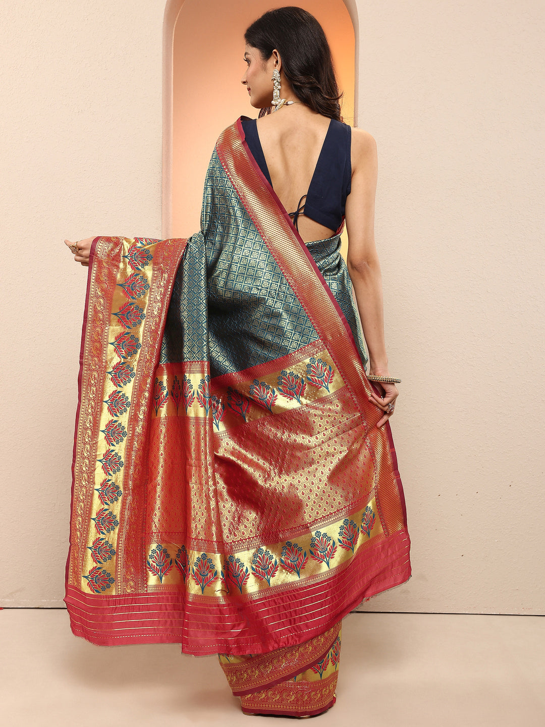 Blue Woven Design Silk Blend Sarees With Unstitched Blouse Piece