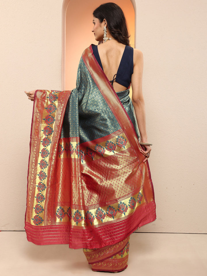 Blue Woven Design Silk Blend Sarees With Unstitched Blouse Piece