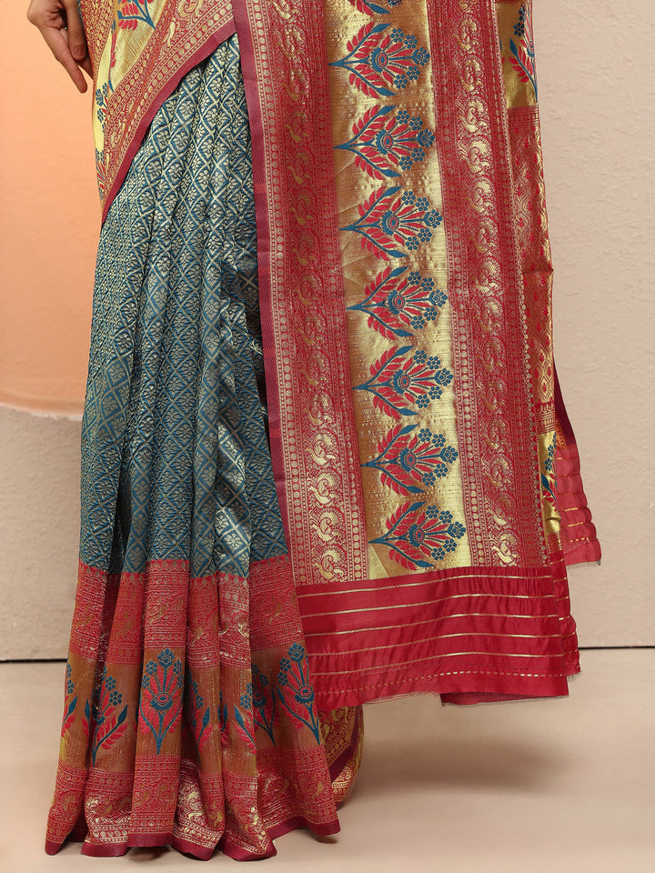 Blue Woven Design Silk Blend Sarees With Unstitched Blouse Piece