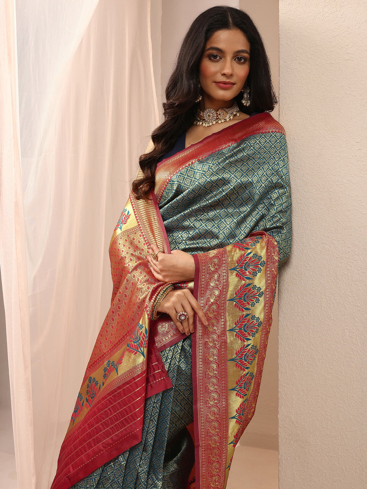 Blue Woven Design Silk Blend Sarees With Unstitched Blouse Piece