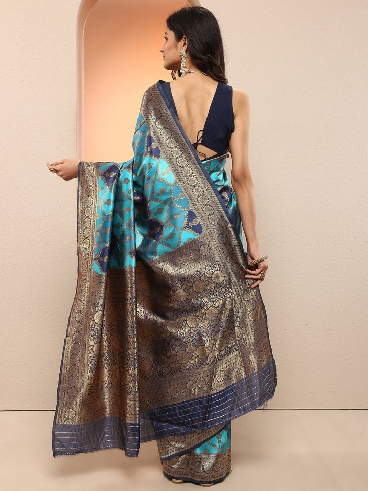 Blue Woven Design Silk Blend Sarees With Unstitched Blouse Piece