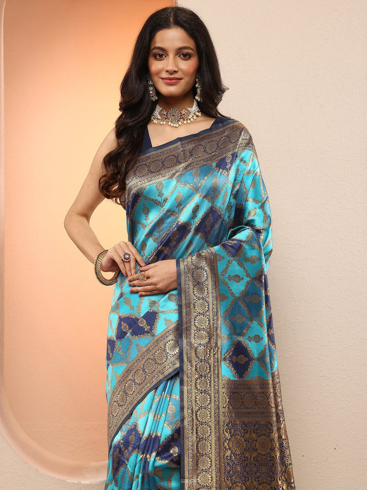 Blue Woven Design Silk Blend Sarees With Unstitched Blouse Piece