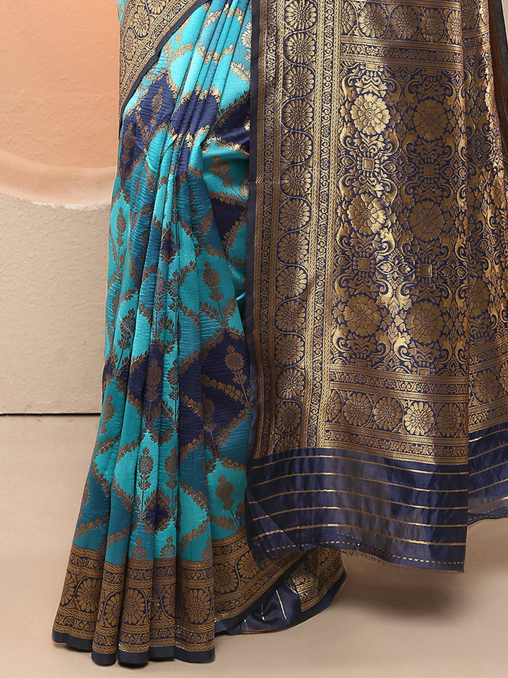 Blue Woven Design Silk Blend Sarees With Unstitched Blouse Piece