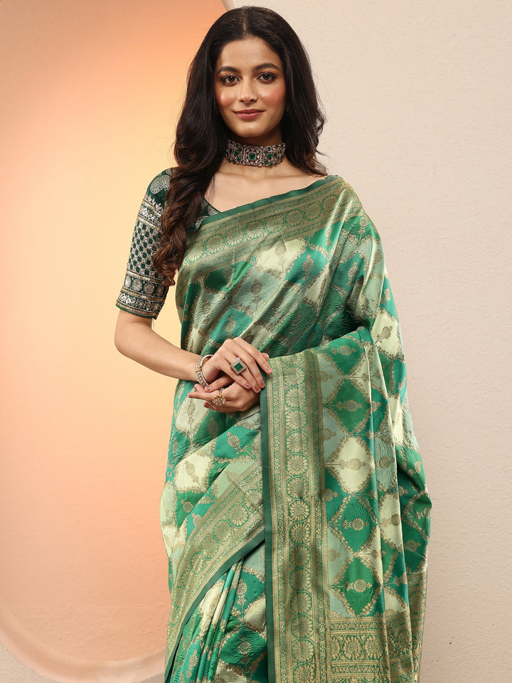 Green Woven Design Silk Blend Sarees With Unstitched Blouse Piece