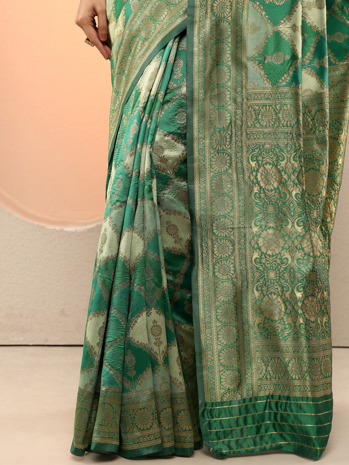 Green Woven Design Silk Blend Sarees With Unstitched Blouse Piece