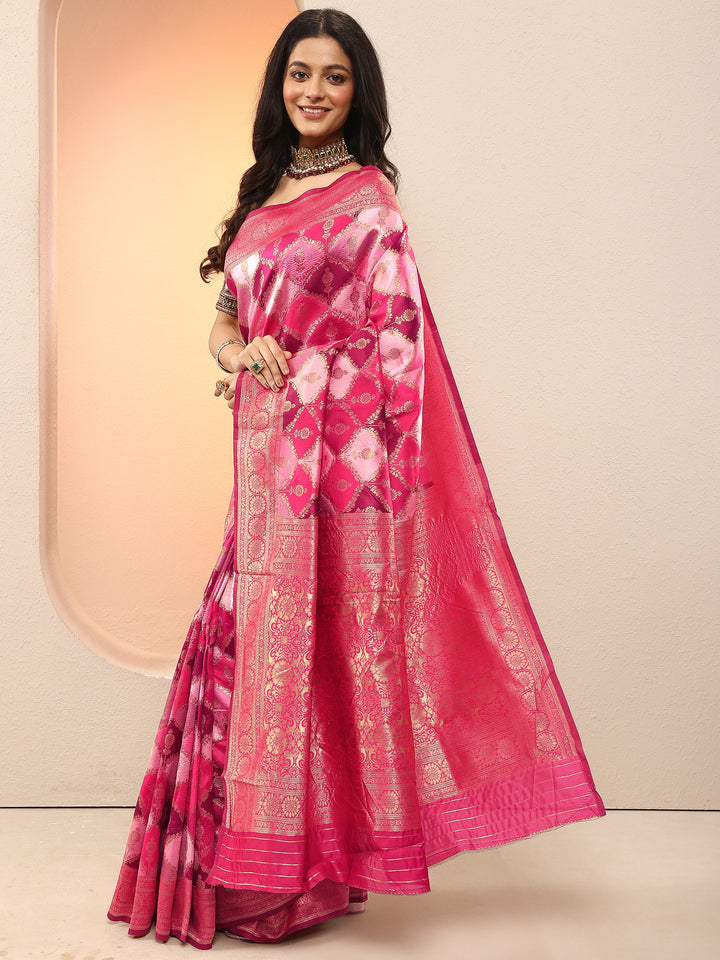 Pink Woven Design Silk Blend Sarees With Unstitched Blouse Piece