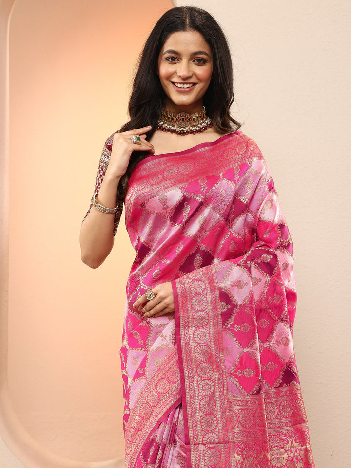 Pink Woven Design Silk Blend Sarees With Unstitched Blouse Piece